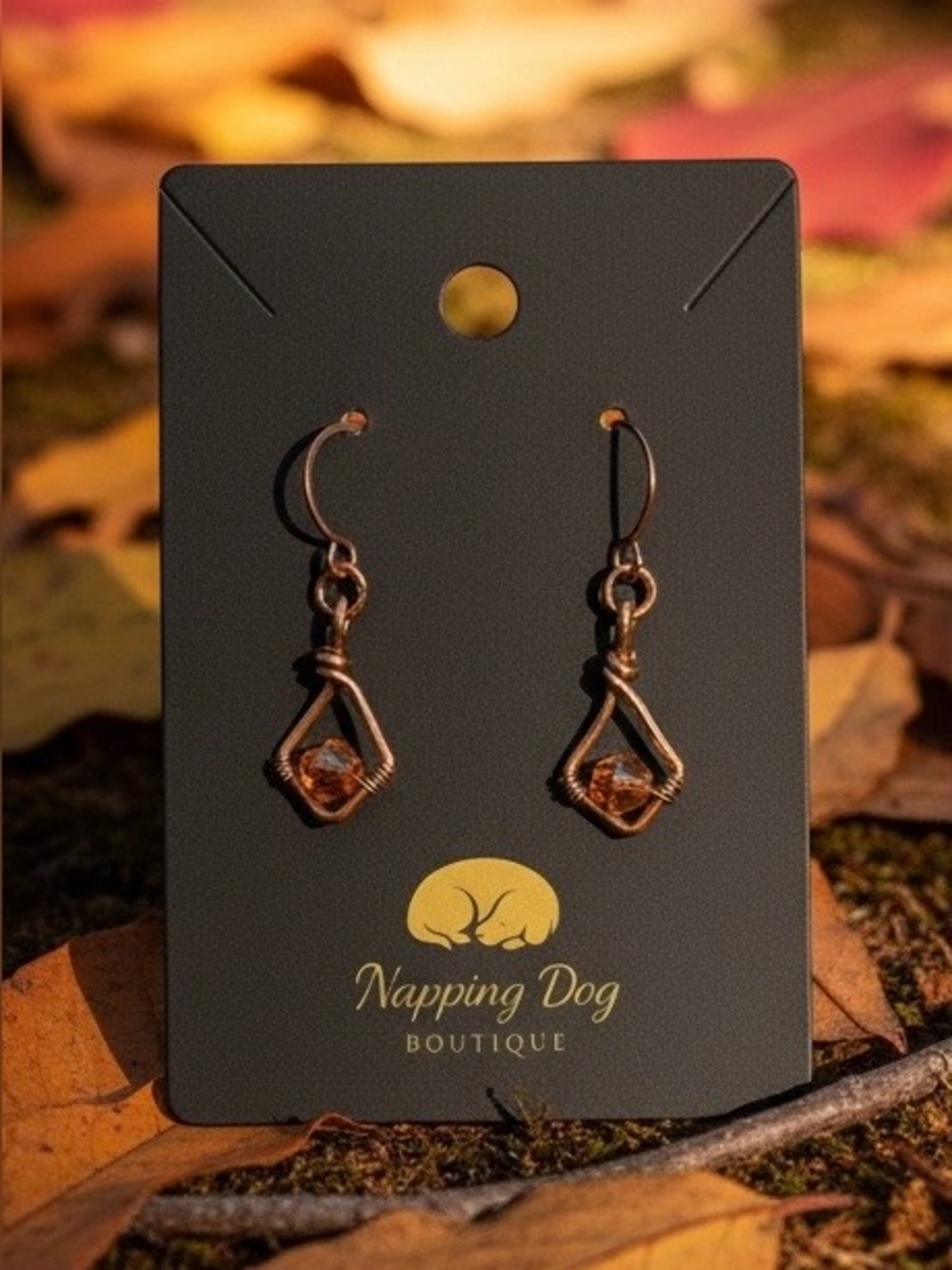 Hand-Wired Copper Geometric Dangle Earrings โ Amber Bead Accent